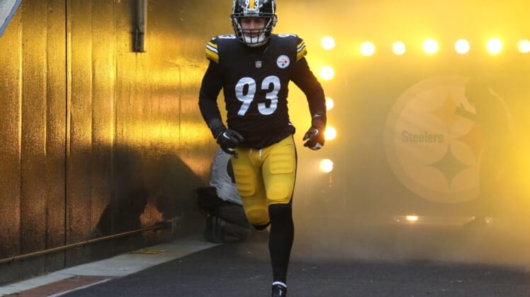 Nov 14, 2021; Pittsburgh, Pennsylvania, USA;  Pittsburgh Steelers inside linebacker Joe Schobert (93) takes the field against the Detroit Lions at Heinz Field. Mandatory Credit: Charles LeClaire-USA TODAY Sports