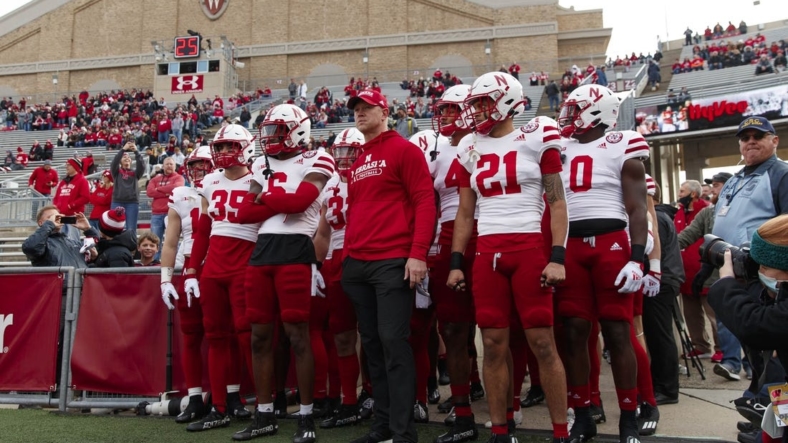 Nov 20, 2021; Madison, Wisconsin, USA;  Nebraska Cornhuskers head coach Scott Frost waits with the football team before taking to the field prior to the game against the Wisconsin Badgers at Camp Randall Stadium. Mandatory Credit: Jeff Hanisch-USA TODAY Sports