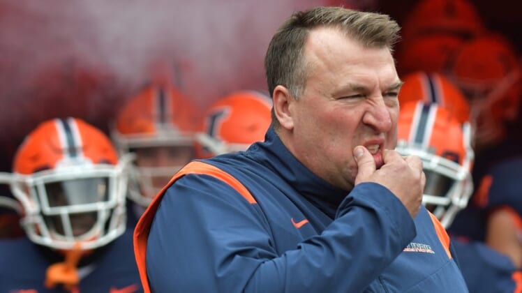 Nov 27, 2021; Champaign, Illinois, USA;  Illinois Fighting Illini head coach Bret Bielema waits to take the field with his players during Saturday   s game with the Northwestern Wildcats at Memorial Stadium. Mandatory Credit: Ron Johnson-USA TODAY Sports