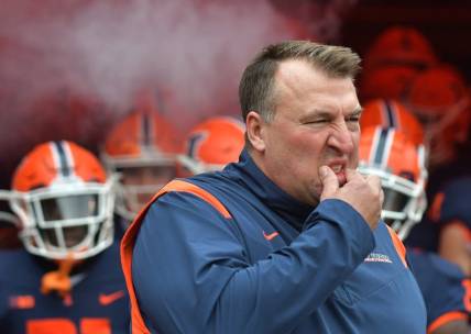 Nov 27, 2021; Champaign, Illinois, USA;  Illinois Fighting Illini head coach Bret Bielema waits to take the field with his players during Saturday   s game with the Northwestern Wildcats at Memorial Stadium. Mandatory Credit: Ron Johnson-USA TODAY Sports