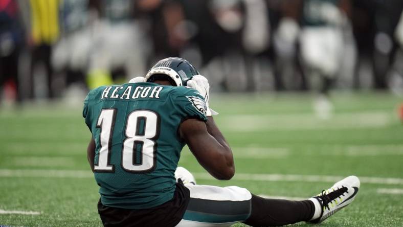 Philadelphia Eagles wide receiver Jalen Reagor (18) reacts after dropping a pass in the endzone late in the fourth quarter. The Giants defeat the Eagles, 13-7, at MetLife Stadium on Sunday, Nov. 28, 2021, in East Rutherford.

Nyg Vs Phi