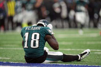 Philadelphia Eagles wide receiver Jalen Reagor (18) reacts after dropping a pass in the endzone late in the fourth quarter. The Giants defeat the Eagles, 13-7, at MetLife Stadium on Sunday, Nov. 28, 2021, in East Rutherford.

Nyg Vs Phi