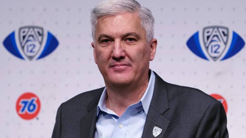 Dec 3, 2021; Las Vegas, NV, USA; Pac-12 commissioner George Kliavkoff speaks before the 2021 Pac-12 Championship Game between the Oregon Ducks and the Utah Utes at Allegiant Stadium. Mandatory Credit: Kirby Lee-USA TODAY Sports