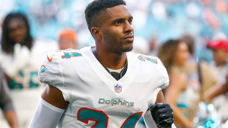 Nov 28, 2021; Miami Gardens, Florida, USA; Miami Dolphins cornerback Byron Jones (24) looks on after the game against the Carolina Panthers at Hard Rock Stadium. Mandatory Credit: Sam Navarro-USA TODAY Sports