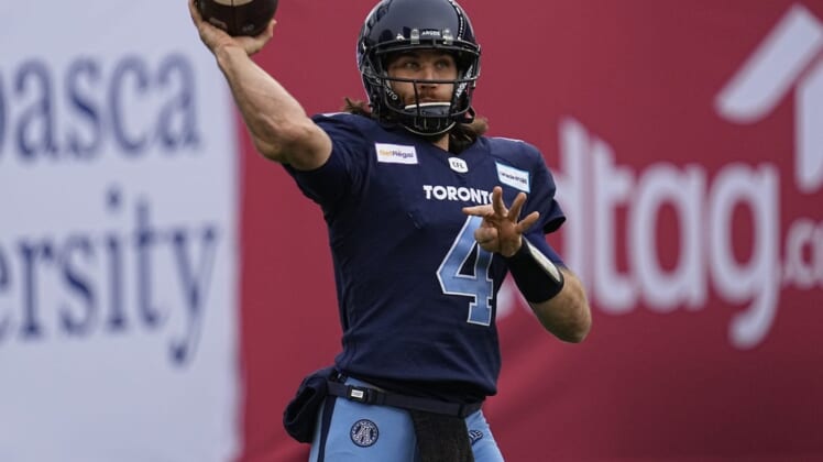 Dec 5, 2021; Toronto, Ontario, CAN; Toronto Argonauts quarterback McLeod Bethel-Thompson (4) throws a pass during warm up before a game against the Hamilton Tiger-Cats during the Canadian Football League Eastern Conference Final game at BMO Field. Mandatory Credit: John E. Sokolowski-USA TODAY Sports
