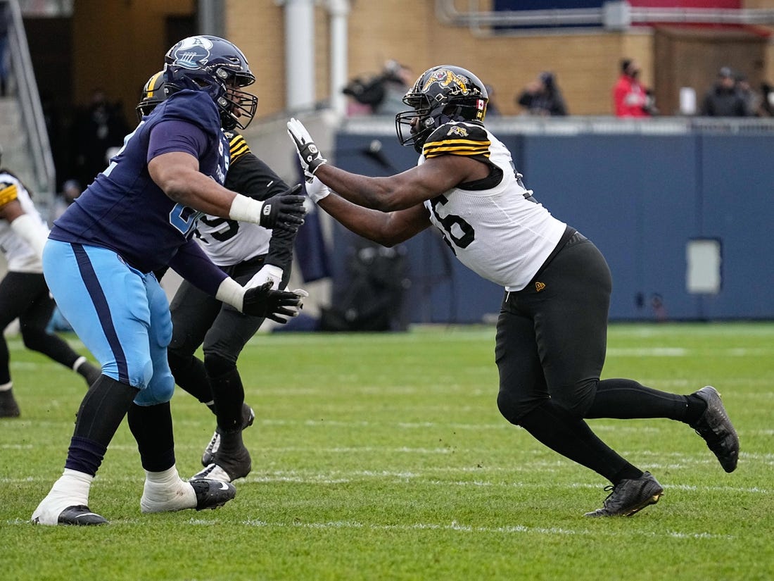 Dec 5, 2021; Toronto, Ontario, CAN; Toronto Argonauts offensive lineman Martez Ivey (62) sets up to block Hamilton Tiger-Cats defensive end Ja'Gared Davis (56)  during the Canadian Football League Eastern Conference Final game at BMO Field. Mandatory Credit: John E. Sokolowski-USA TODAY Sports