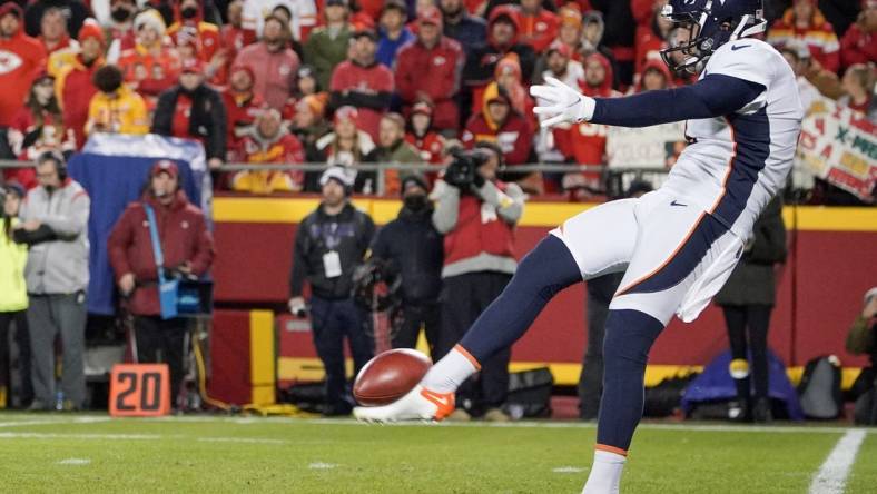 Dec 5, 2021; Kansas City, Missouri, USA; Denver Broncos punter Sam Martin (6) punts the ball against the Kansas City Chiefs during the game at GEHA Field at Arrowhead Stadium. Mandatory Credit: Denny Medley-USA TODAY Sports