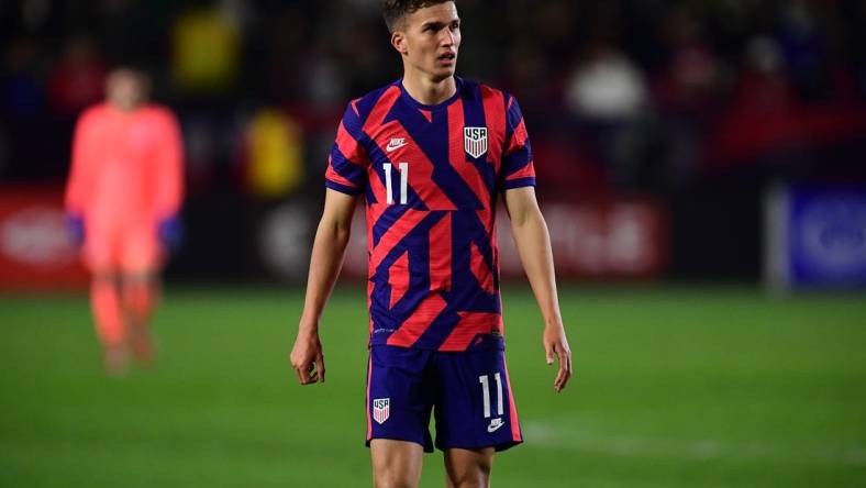 Dec 18, 2021; Carson, California, USA; USA forward Cole Bassett reacts against Bosnia & Herzegovina during an International Friendly Soccer match in the second half at Dignity Health Sports Park. Mandatory Credit: Gary A. Vasquez-USA TODAY Sports