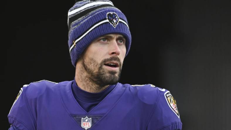 Dec 19, 2021; Baltimore, Maryland, USA; Baltimore Ravens kicker Justin Tucker (9) before the game against the Green Bay Packers  at M&T Bank Stadium. Mandatory Credit: Tommy Gilligan-USA TODAY Sports