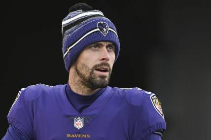 Dec 19, 2021; Baltimore, Maryland, USA; Baltimore Ravens kicker Justin Tucker (9) before the game against the Green Bay Packers  at M&T Bank Stadium. Mandatory Credit: Tommy Gilligan-USA TODAY Sports