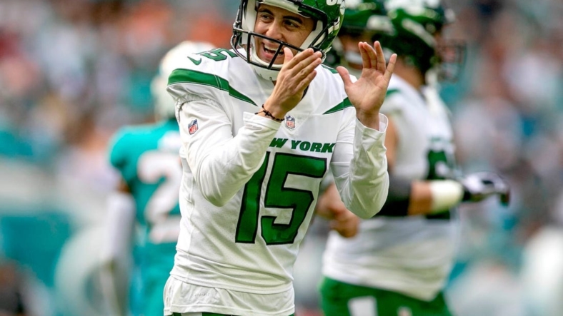 New York Jets kicker Eddy Pineiro (15) celebrates after kicking a field goal against the Miami Dolphins during NFL game at Hard Rock Stadium Sunday in Miami Gardens. Pineior kicked for the University of Florida.New York Jet V Miami Dolphins 15