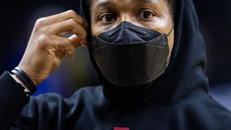 Dec 15, 2021; Philadelphia, Pennsylvania, USA; Miami Heat guard Kyle Lowry wears a mask for covid protection before a game against the Philadelphia 76ers at Wells Fargo Center. Mandatory Credit: Bill Streicher-USA TODAY Sports