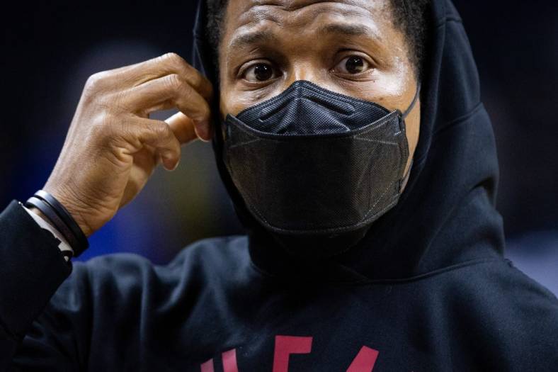 Dec 15, 2021; Philadelphia, Pennsylvania, USA; Miami Heat guard Kyle Lowry wears a mask for covid protection before a game against the Philadelphia 76ers at Wells Fargo Center. Mandatory Credit: Bill Streicher-USA TODAY Sports