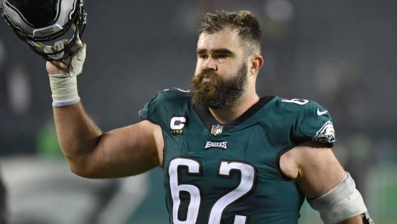 Dec 21, 2021; Philadelphia, Pennsylvania, USA; Philadelphia Eagles center Jason Kelce (62) walks off the field after win against the Washington Football Team at Lincoln Financial Field. Mandatory Credit: Eric Hartline-USA TODAY Sports