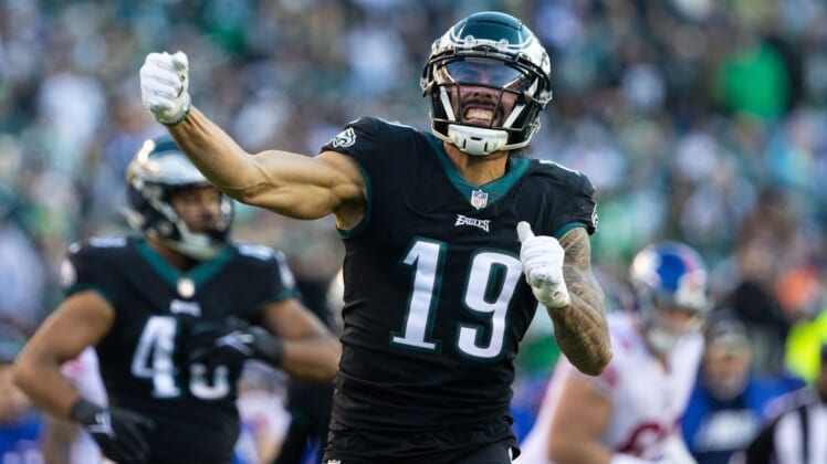 Dec 26, 2021; Philadelphia, Pennsylvania, USA; Philadelphia Eagles wide receiver J.J. Arcega-Whiteside (19) reacts after a tackle against the New York Giants during the fourth quarter at Lincoln Financial Field. Mandatory Credit: Bill Streicher-USA TODAY Sports
