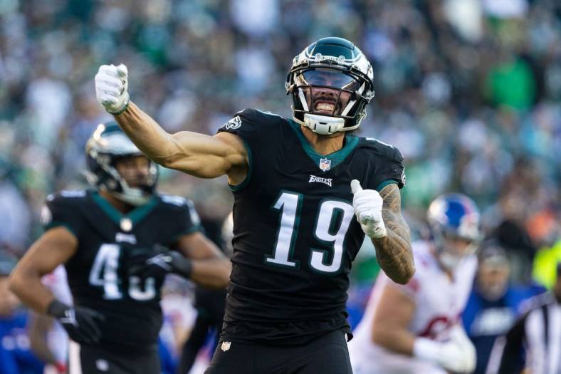 Dec 26, 2021; Philadelphia, Pennsylvania, USA; Philadelphia Eagles wide receiver J.J. Arcega-Whiteside (19) reacts after a tackle against the New York Giants during the fourth quarter at Lincoln Financial Field. Mandatory Credit: Bill Streicher-USA TODAY Sports