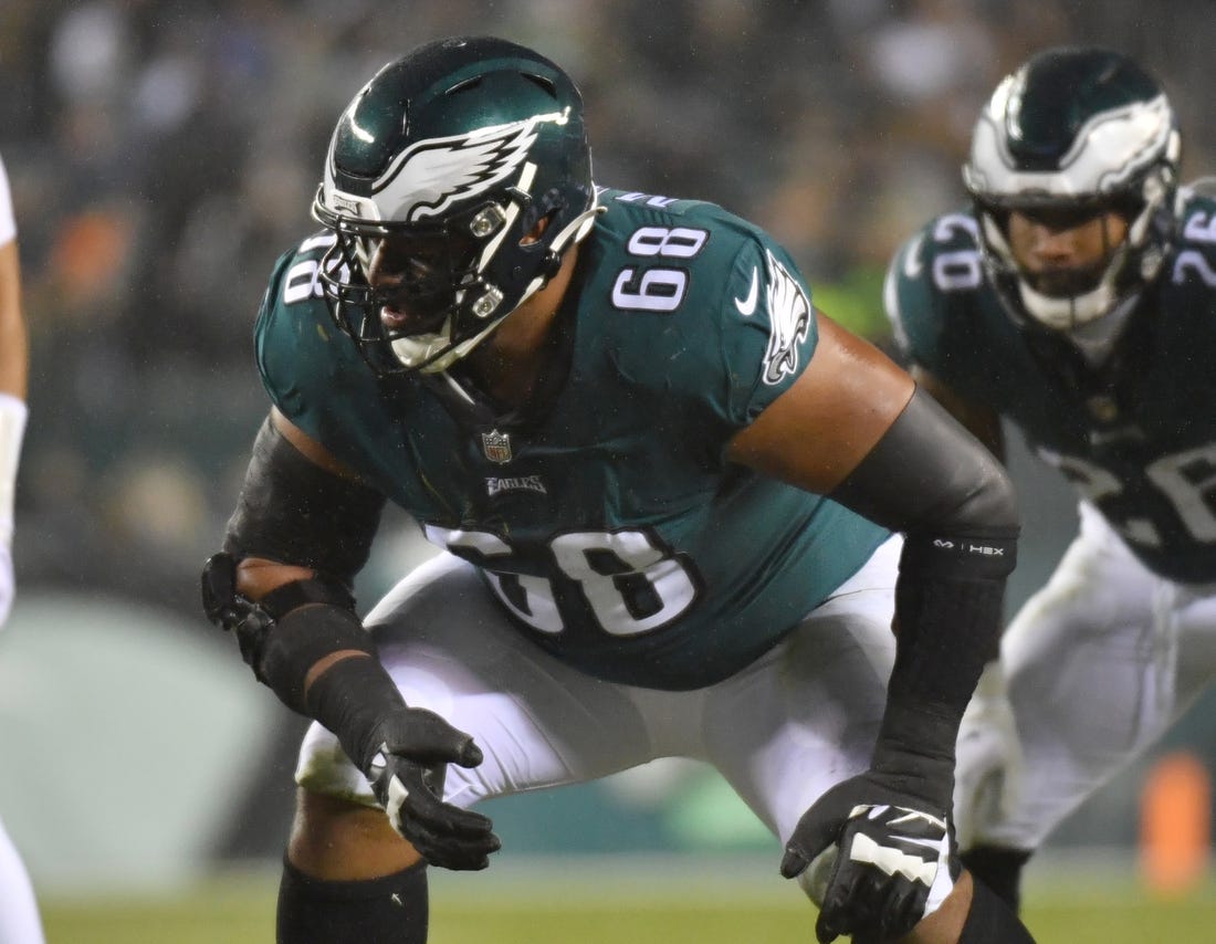 Dec 21, 2021; Philadelphia, Pennsylvania, USA; Philadelphia Eagles offensive tackle Jordan Mailata (68) prepares to block against the Washington Football Team at Lincoln Financial Field. Mandatory Credit: Eric Hartline-USA TODAY Sports