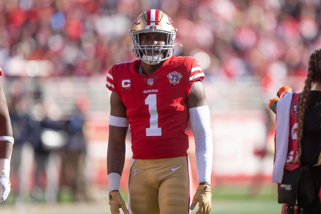 Jan 2, 2022; Santa Clara, California, USA;  San Francisco 49ers free safety Jimmie Ward (1) during the second quarter against the Houston Texans at Levi's Stadium. Mandatory Credit: Stan Szeto-USA TODAY Sports