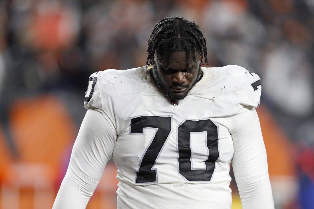 Jan 15, 2022; Cincinnati, Ohio, USA; Las Vegas Raiders guard Alex Leatherwood (70) reacts after their loss against the Cincinnati Bengals in an AFC Wild Card playoff football game at Paul Brown Stadium. Mandatory Credit: Joseph Maiorana-USA TODAY Sports