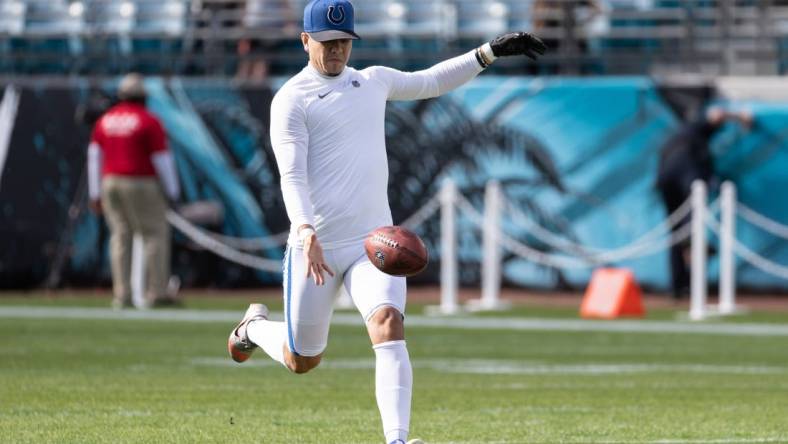 Jan 9, 2022; Jacksonville, Florida, USA; Indianapolis Colts punter Rigoberto Sanchez (8) warms up before the game against the Jacksonville Jaguars at TIAA Bank Field. Mandatory Credit: Matt Pendleton-USA TODAY Sports