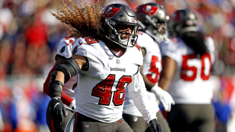 Jan 23, 2022; Tampa, Florida, USA; Tampa Bay Buccaneers linebacker Grant Stuard (48) reacts during the first half against the Los Angeles Rams in a NFC Divisional playoff football game at Raymond James Stadium. Mandatory Credit: Nathan Ray Seebeck-USA TODAY Sports