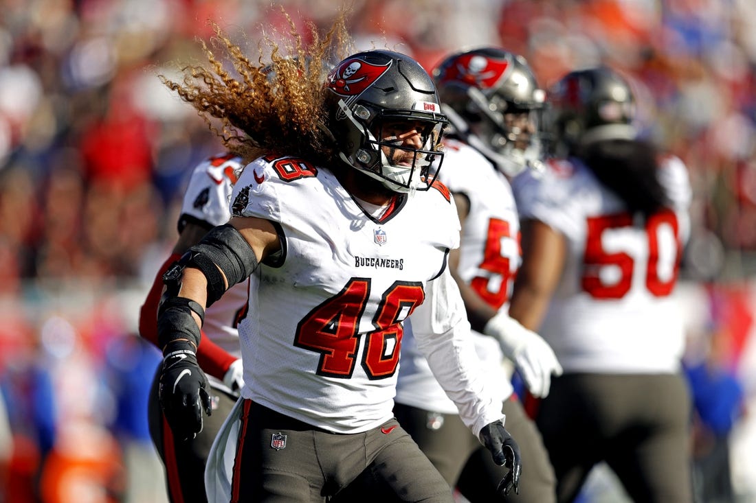 Jan 23, 2022; Tampa, Florida, USA; Tampa Bay Buccaneers linebacker Grant Stuard (48) reacts during the first half against the Los Angeles Rams in a NFC Divisional playoff football game at Raymond James Stadium. Mandatory Credit: Nathan Ray Seebeck-USA TODAY Sports