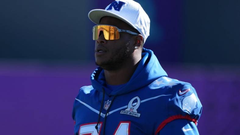 Feb 4, 2022; Las Vegas, NV, USA; Arizona Cardijnals lineman D.J. Humphries (74) during NFC practice at the Las Vegas Ballpark. Mandatory Credit: Kirby Lee-USA TODAY Sports