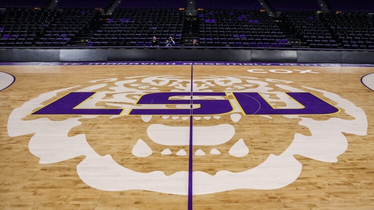 Feb 12, 2022; Baton Rouge, Louisiana, USA;  Detailed view of the mid court tiger logo before the game between the LSU Tigers and the Mississippi State Bulldogs at the Pete Maravich Assembly Center. Mandatory Credit: Stephen Lew-USA TODAY Sports