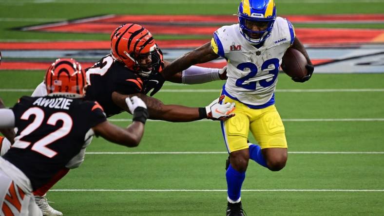 Feb 13, 2022; Inglewood, California, USA; Los Angeles Rams running back Cam Akers (23) runs with the ball against the Cincinnati Bengals in Super Bowl LVI at SoFi Stadium. Mandatory Credit: Gary A. Vasquez-USA TODAY Sports