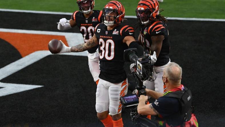 Feb 13, 2022; Inglewood, California, USA; Cincinnati Bengals cornerback Jessie Bates (30) celebrates an interception against the Los Angeles Rams in the second quarter of Super Bowl LVI at SoFi Stadium. Mandatory Credit: Gary A. Vasquez-USA TODAY Sports