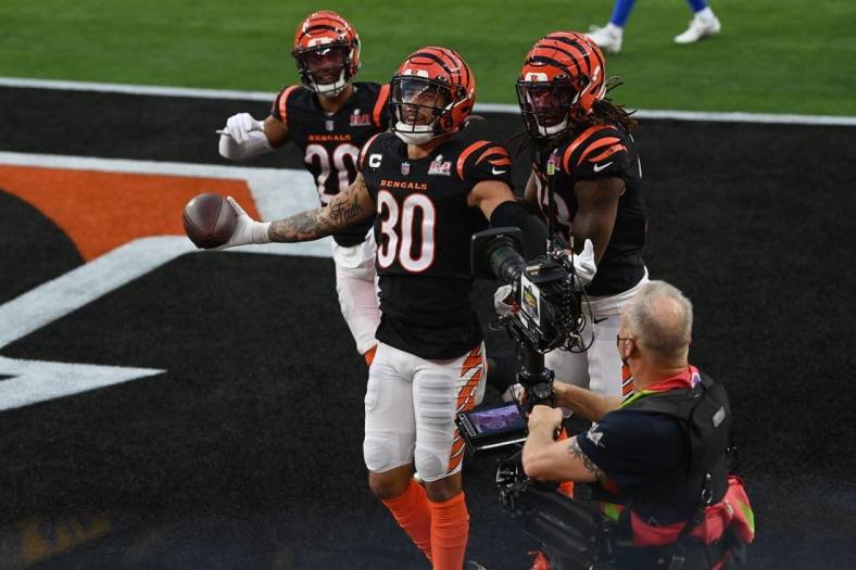 Feb 13, 2022; Inglewood, California, USA; Cincinnati Bengals cornerback Jessie Bates (30) celebrates an interception against the Los Angeles Rams in the second quarter of Super Bowl LVI at SoFi Stadium. Mandatory Credit: Gary A. Vasquez-USA TODAY Sports