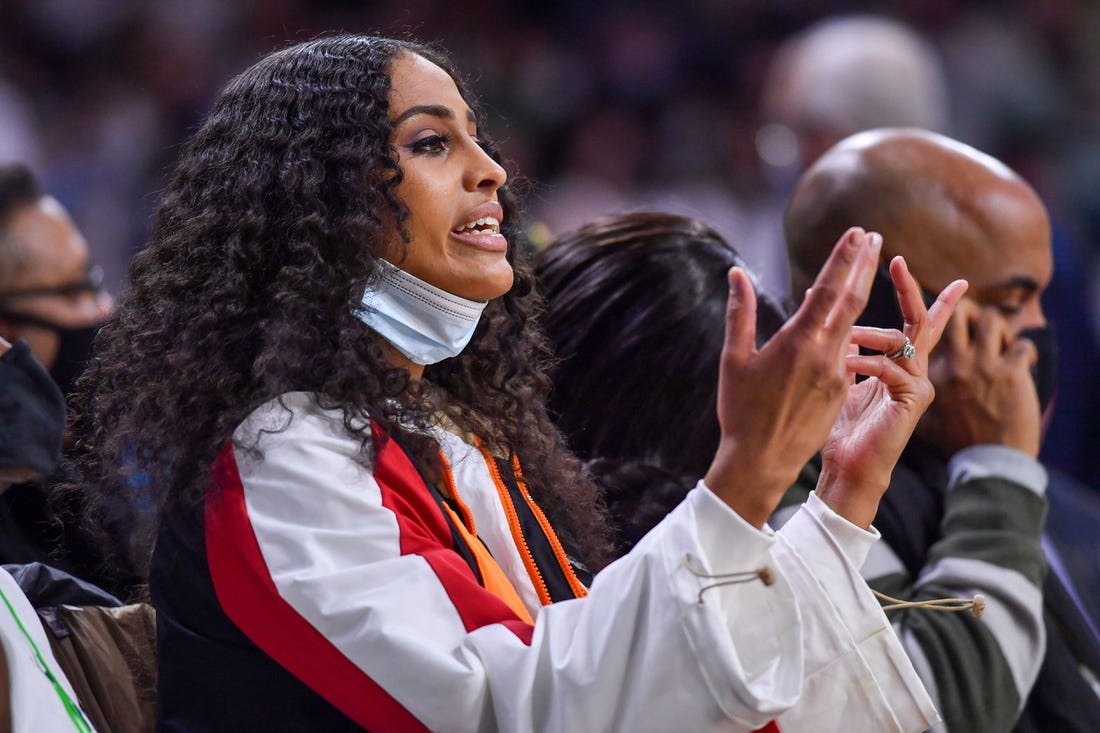 Feb 27, 2022; South Bend, Indiana, USA; WNBA and former Notre Dame player Skylar Diggins-Smith watches in the first half of the game between the Notre Dame Fighting Irish and the Louisville Cardinals at the Purcell Pavilion. Mandatory Credit: Matt Cashore-USA TODAY Sports