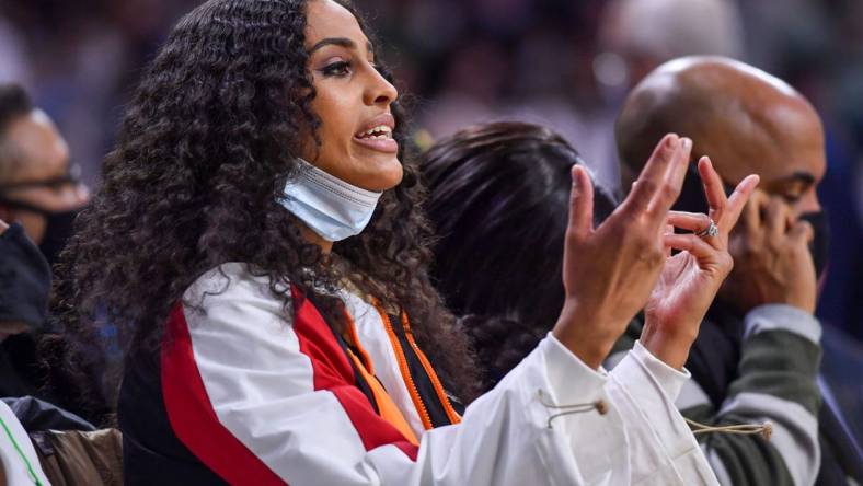 Feb 27, 2022; South Bend, Indiana, USA; WNBA and former Notre Dame player Skylar Diggins-Smith watches in the first half of the game between the Notre Dame Fighting Irish and the Louisville Cardinals at the Purcell Pavilion. Mandatory Credit: Matt Cashore-USA TODAY Sports