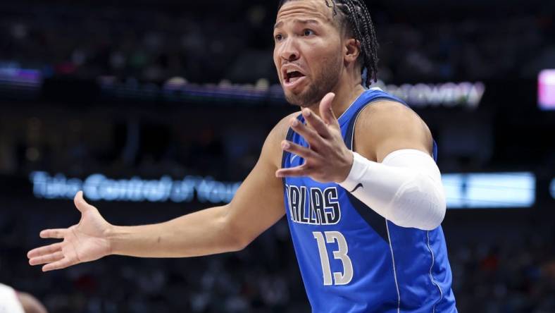 Mar 9, 2022; Dallas, Texas, USA;  Dallas Mavericks guard Jalen Brunson (13) reacts during the second half against the New York Knicks at American Airlines Center. Mandatory Credit: Kevin Jairaj-USA TODAY Sports