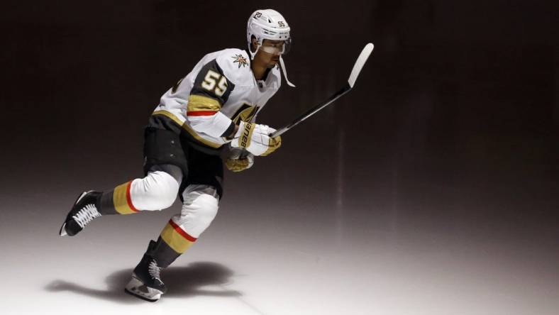 Mar 11, 2022; Pittsburgh, Pennsylvania, USA;  Vegas Golden Knights right wing Keegan Kolesar (55) takes the ice to warm up before the game against the Pittsburgh Penguins at PPG Paints Arena. Mandatory Credit: Charles LeClaire-USA TODAY Sports