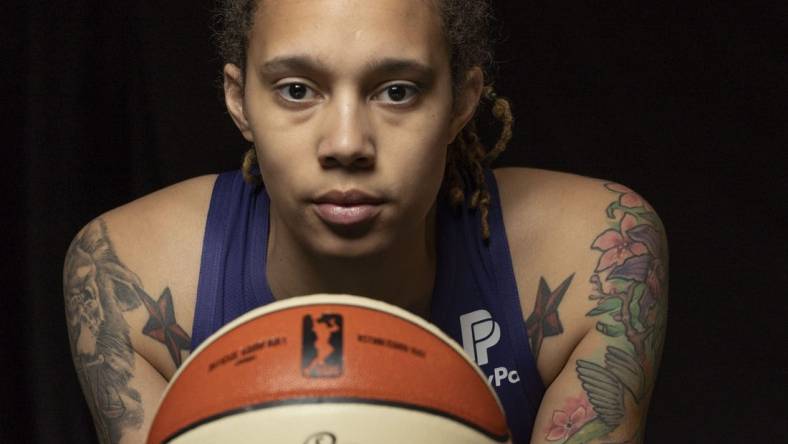 May 20, 2019; Phoenix, AZ, USA; WNBA MVP candidate and All Stars player Brittney Griner during media day before she enters her eighth season with Phoenix Mercury. Mandatory Credit: Nick Oza/The Republic-USA TODAY NETWORK