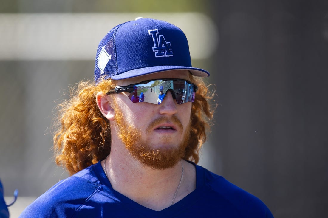 Mar 14, 2022; Glendale, AZ, USA; Los Angeles Dodgers pitcher Dustin May during spring training workouts at Camelback Ranch. Mandatory Credit: Mark J. Rebilas-USA TODAY Sports