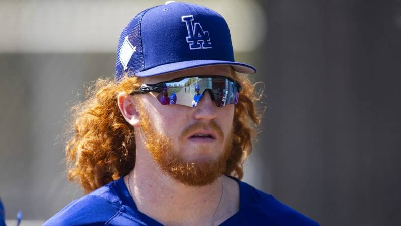 Mar 14, 2022; Glendale, AZ, USA; Los Angeles Dodgers pitcher Dustin May during spring training workouts at Camelback Ranch. Mandatory Credit: Mark J. Rebilas-USA TODAY Sports