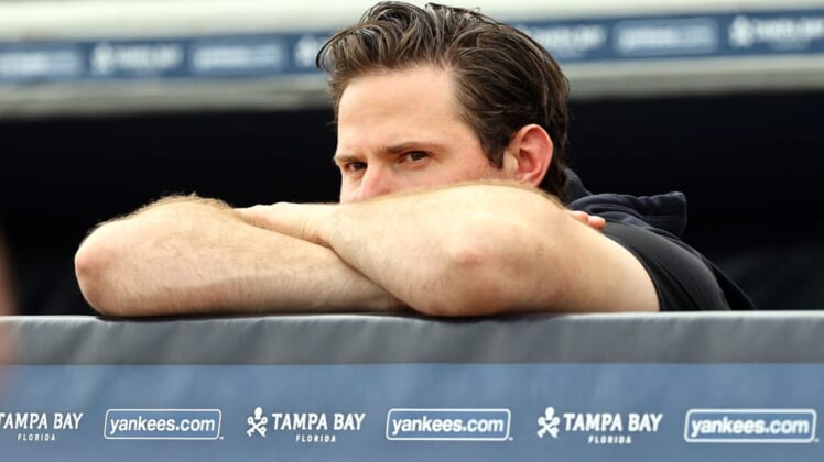 Mar 16, 2022; Tampa, FL, USA; New York Yankees relief pitcher Zack Britton (53) looks on works out during spring training practice at George M Steinbrenner Field. Mandatory Credit: Kim Klement-USA TODAY Sports