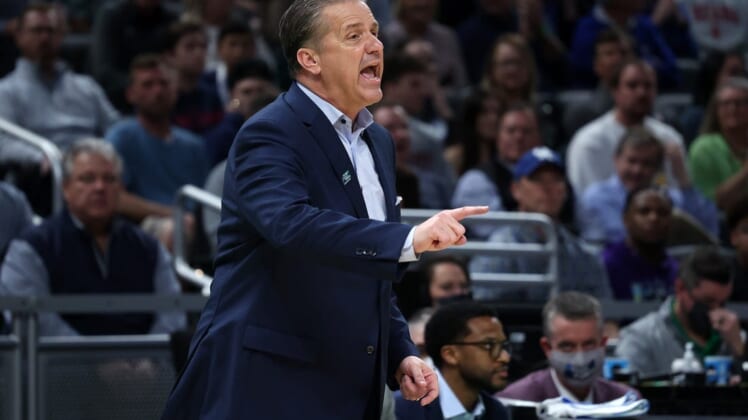 Mar 17, 2022; Indianapolis, IN, USA; Kentucky Wildcats head coach John Calipari reacts against the Saint Peter's Peacocks during the first round of the 2022 NCAA Tournament at Gainbridge Fieldhouse. Mandatory Credit: Trevor Ruszkowski-USA TODAY Sports