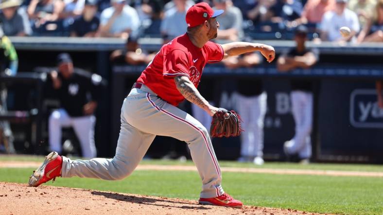 Mar 21, 2022; Tampa, Florida, USA; Philadelphia Phillies pitcher Ryan Sherriff (60) throws a pitch during the third inning against the New York Yankees during spring training at George M. Steinbrenner Field. Mandatory Credit: Kim Klement-USA TODAY Sports