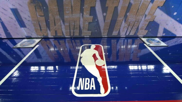 Mar 12, 2022; San Francisco, California, USA; A view of the NBA logo painted on the sideline before the game between the Golden State Warriors and the Milwaukee Bucks at Chase Center. Mandatory Credit: Darren Yamashita-USA TODAY Sports