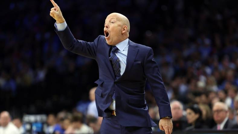 Mar 25, 2022; Philadelphia, PA, USA; UCLA Bruins head coach Mike Cronin reacts in the first half against the North Carolina Tar Heels in the semifinals of the East regional of the men's college basketball NCAA Tournament at Wells Fargo Center. Mandatory Credit: Bill Streicher-USA TODAY Sports