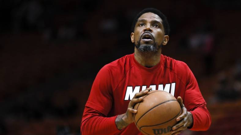 Mar 28, 2022; Miami, Florida, USA; Miami Heat forward Udonis Haslem (40) shoots the basketball prior to the game against the Sacramento Kings at FTX Arena. Mandatory Credit: Sam Navarro-USA TODAY Sports