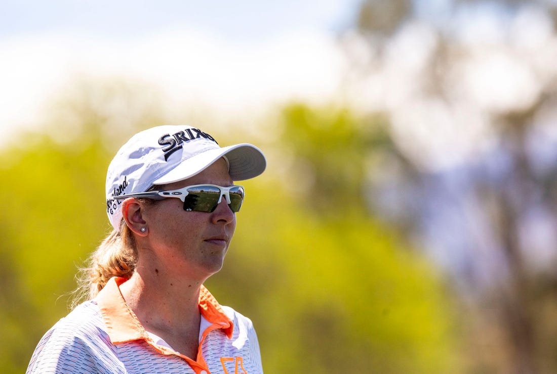 Ashleigh Buhai of South Africa looks down the driving range before getting in some practice ahead of the Chevron Championship at Mission Hills Country Club in Rancho Mirage, Calif., Tuesday, March 29, 2022.