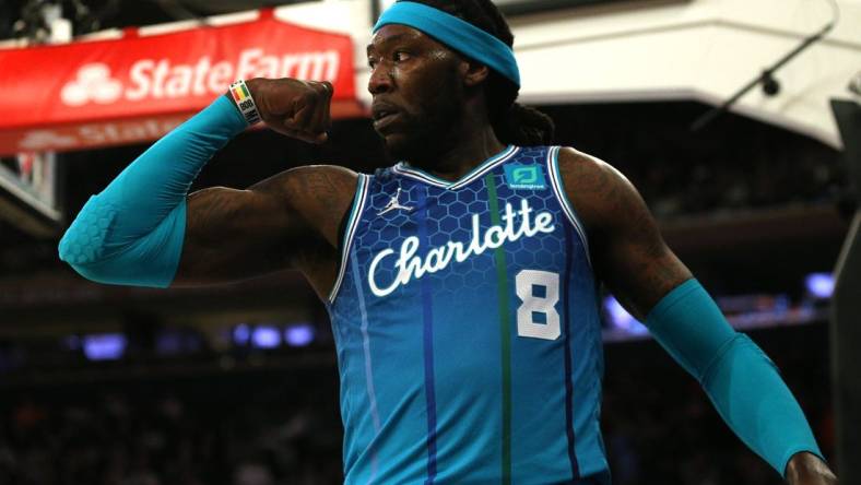 Mar 30, 2022; New York, New York, USA; Charlotte Hornets center Montrezl Harrell (8) reacts after a dunk and a foul against the New York Knicks during the second quarter at Madison Square Garden. Mandatory Credit: Brad Penner-USA TODAY Sports