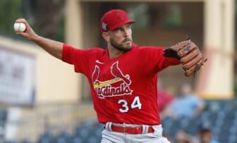 Mar 31, 2022; Jupiter, Florida, USA; St. Louis Cardinals starting pitcher Drew VerHagen (34) throws first inning against the Florida Marlins during spring training at Roger Dean Stadium. Mandatory Credit: Rhona Wise-USA TODAY Sports