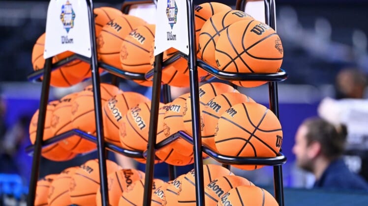 Apr 1, 2022; New Orleans, LA, USA; A detail view of basketballs on the on a rack during a practice session before the 2022 NCAA men's basketball tournament Final Four semifinals at Caesars Superdome. Mandatory Credit: Bob Donnan-USA TODAY Sports
