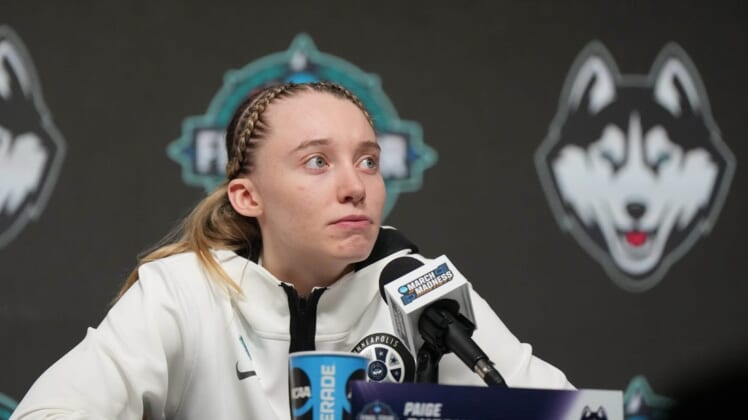 Apr 1, 2022; Minneapolis, MN, USA; UConn Huskies guard Paige Bueckers (5) speaks to the media after defeating the Stanford Cardinal in the Final Four semifinals of the women's college basketball NCAA Tournament at Target Center. Mandatory Credit: Kirby Lee-USA TODAY Sports