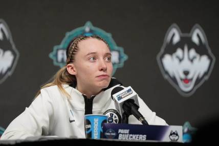 Apr 1, 2022; Minneapolis, MN, USA; UConn Huskies guard Paige Bueckers (5) speaks to the media after defeating the Stanford Cardinal in the Final Four semifinals of the women's college basketball NCAA Tournament at Target Center. Mandatory Credit: Kirby Lee-USA TODAY Sports